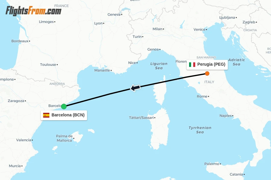 Flights from Perugia to Barcelona route map