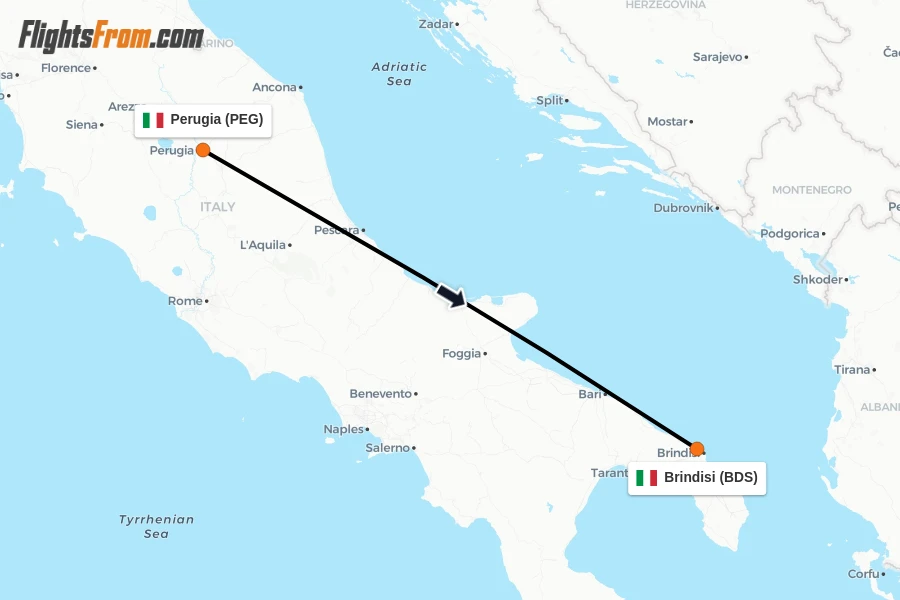 Flights from Perugia to Brindisi route map