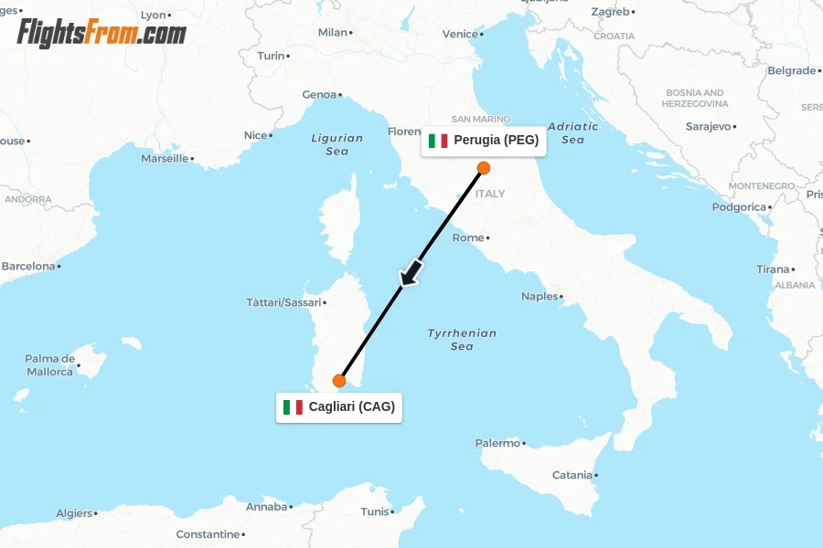 Flights from Perugia to Cagliari route map