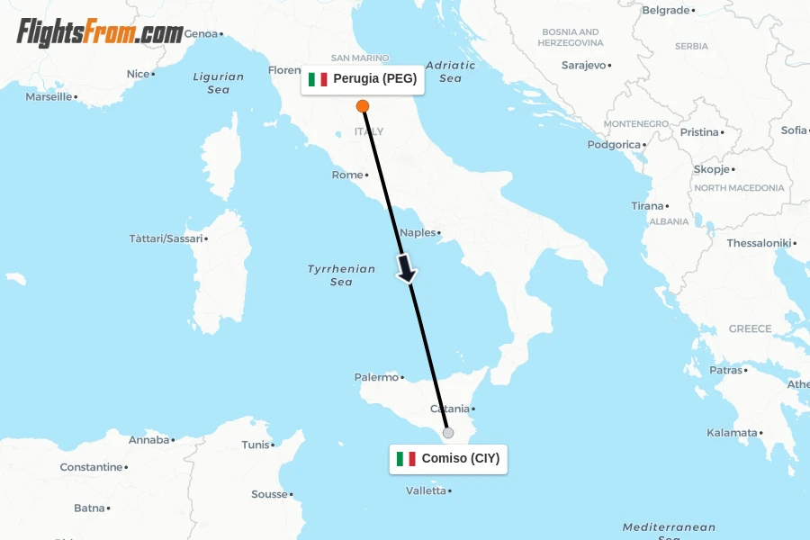 Flights from Perugia to Comiso route map