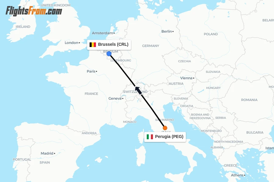Flights from Perugia to Brussels route map
