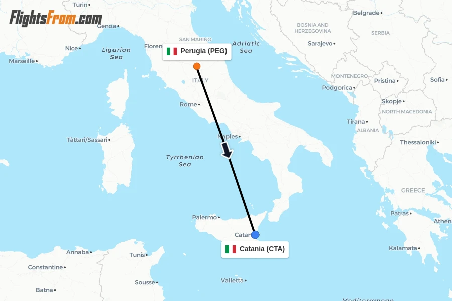 Flights from Perugia to Catania route map