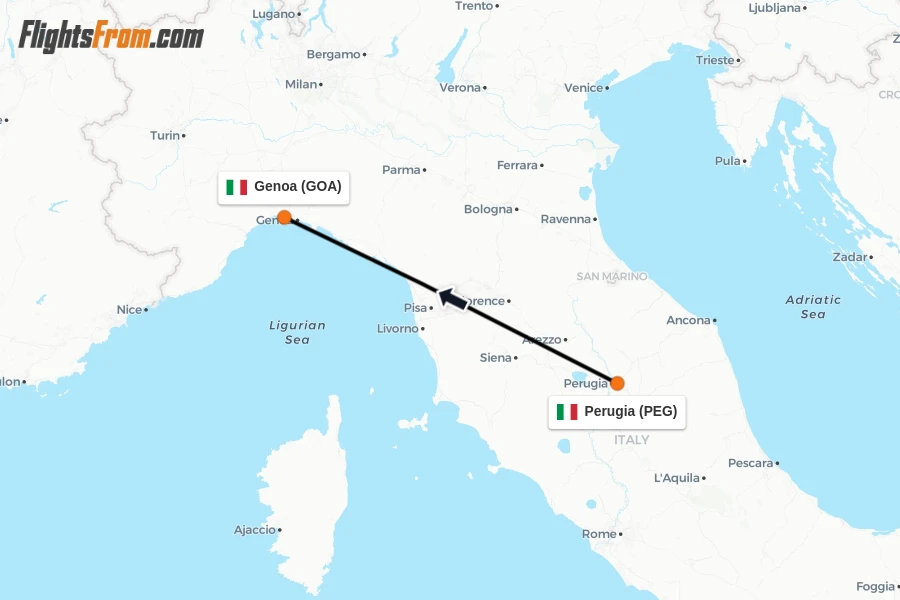 Flights from Perugia to Genoa route map