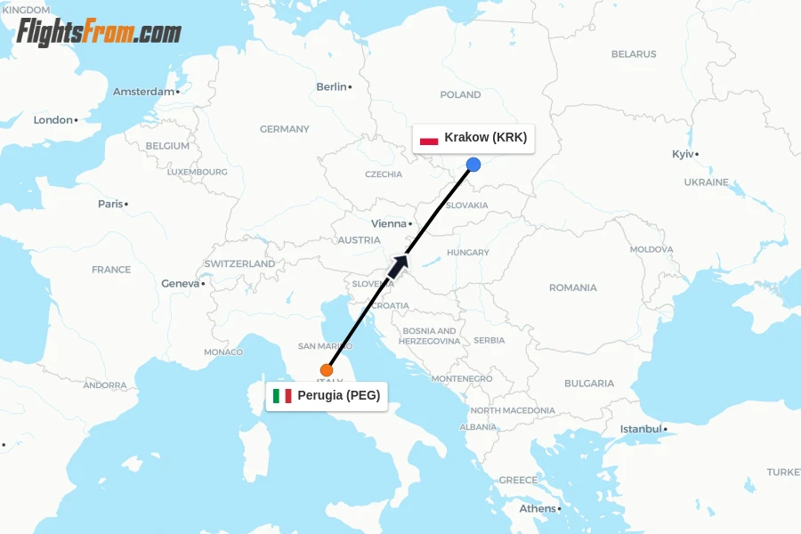 Flights from Perugia to Krakow route map