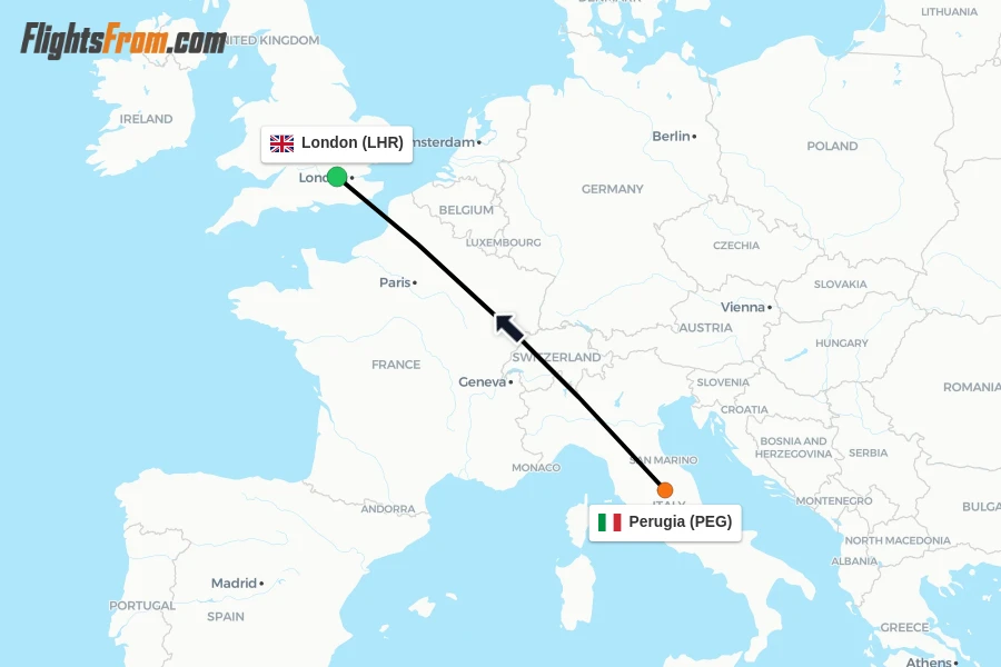 Flights from Perugia to London route map