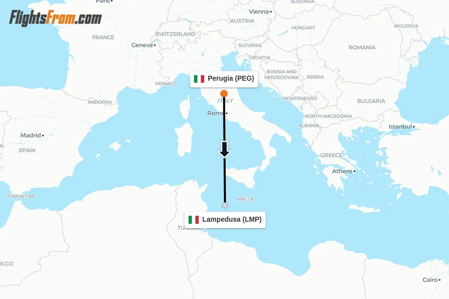 Flights from Perugia to Lampedusa route map