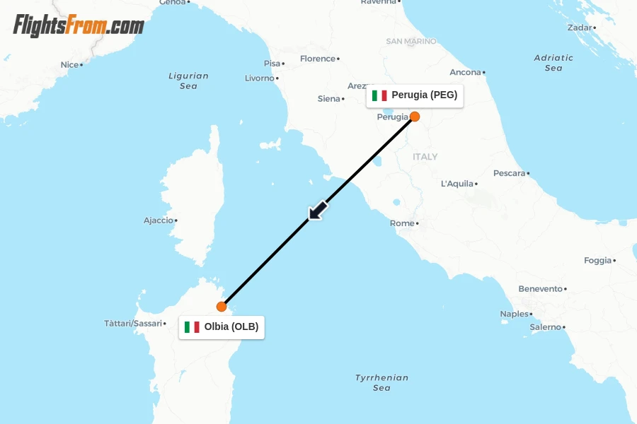 Flights from Perugia to Olbia route map