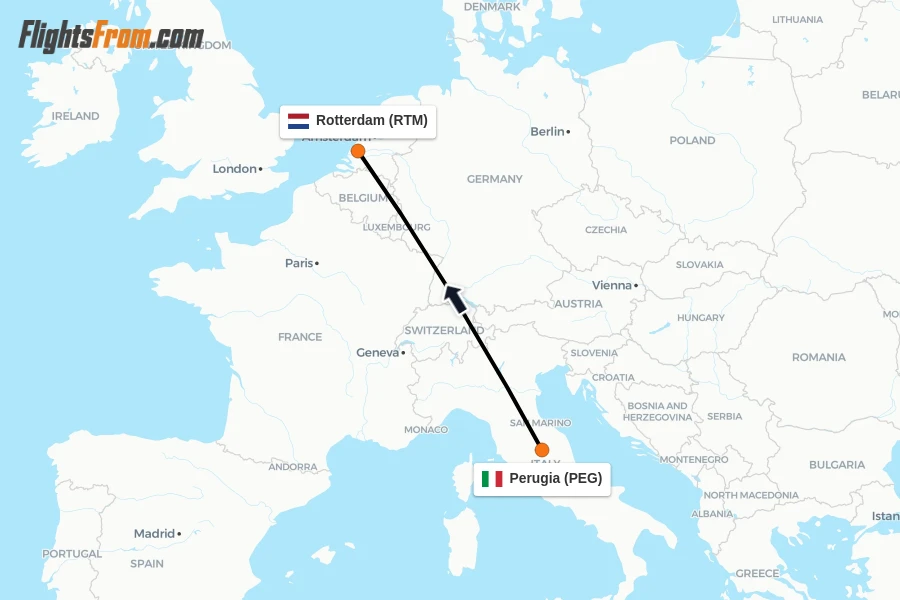 Flights from Perugia to Rotterdam route map