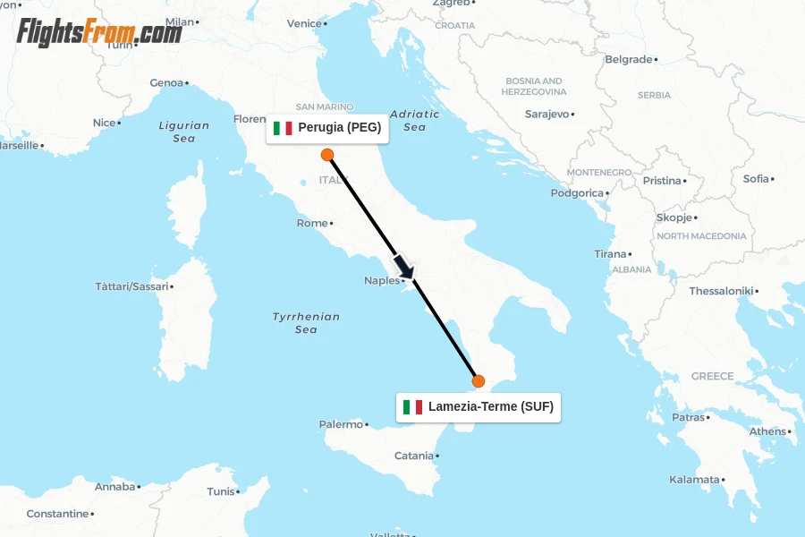 Flights from Perugia to Lamezia-Terme route map