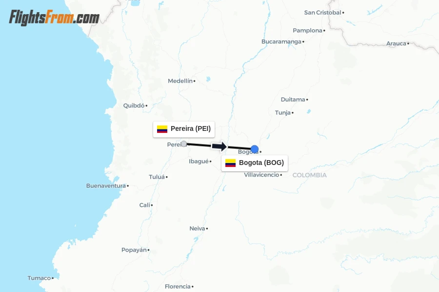 Flights from Pereira to Bogota route map
