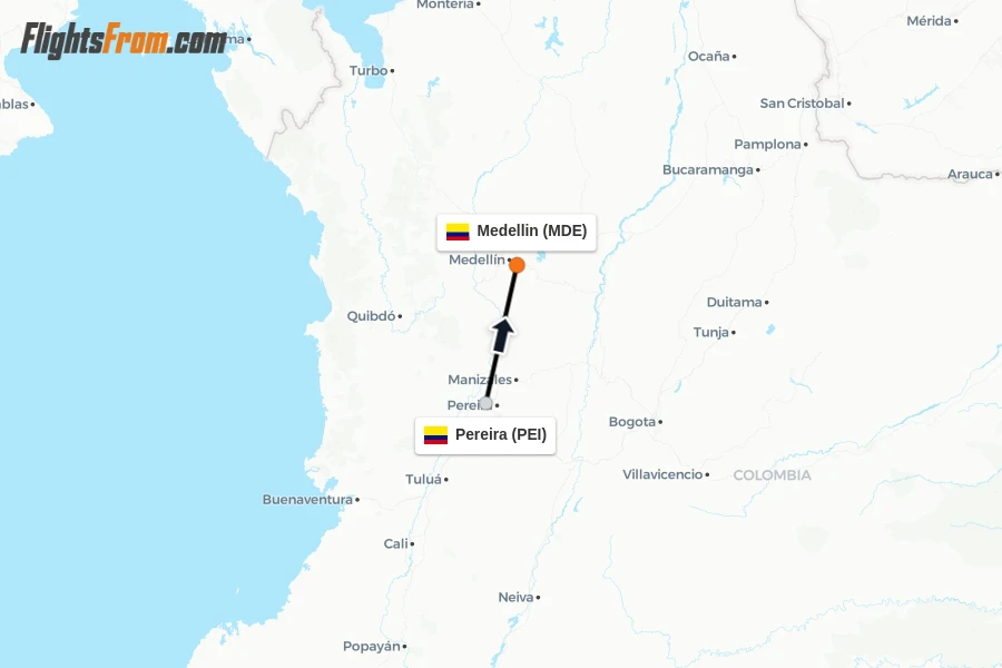 Flights from Pereira to Medellin route map
