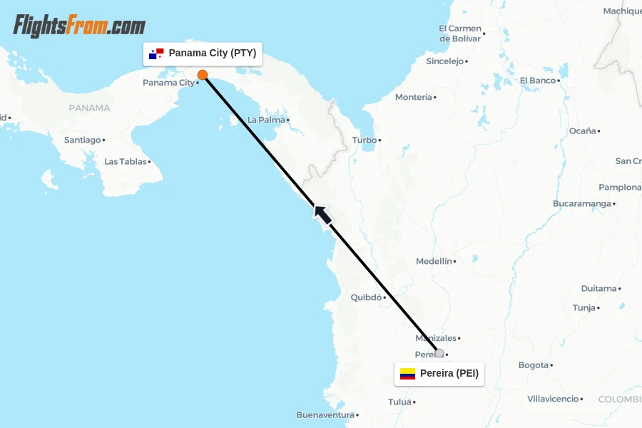 Flights from Pereira to Panama City route map