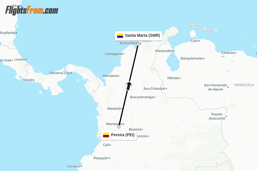 Flights from Pereira to Santa Marta route map
