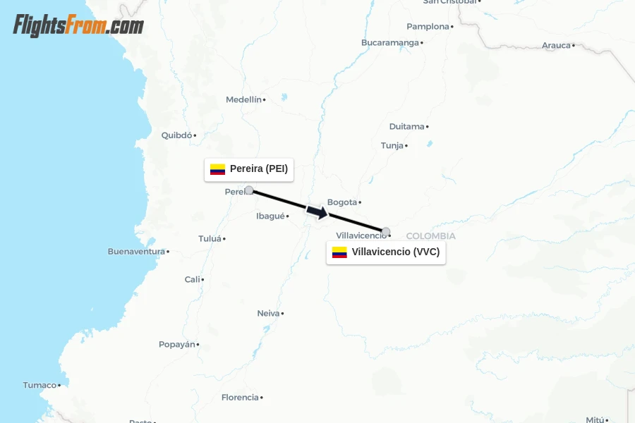 Flights from Pereira to Villavicencio route map
