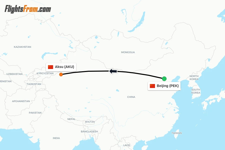 Flights from Beijing to Aksu route map