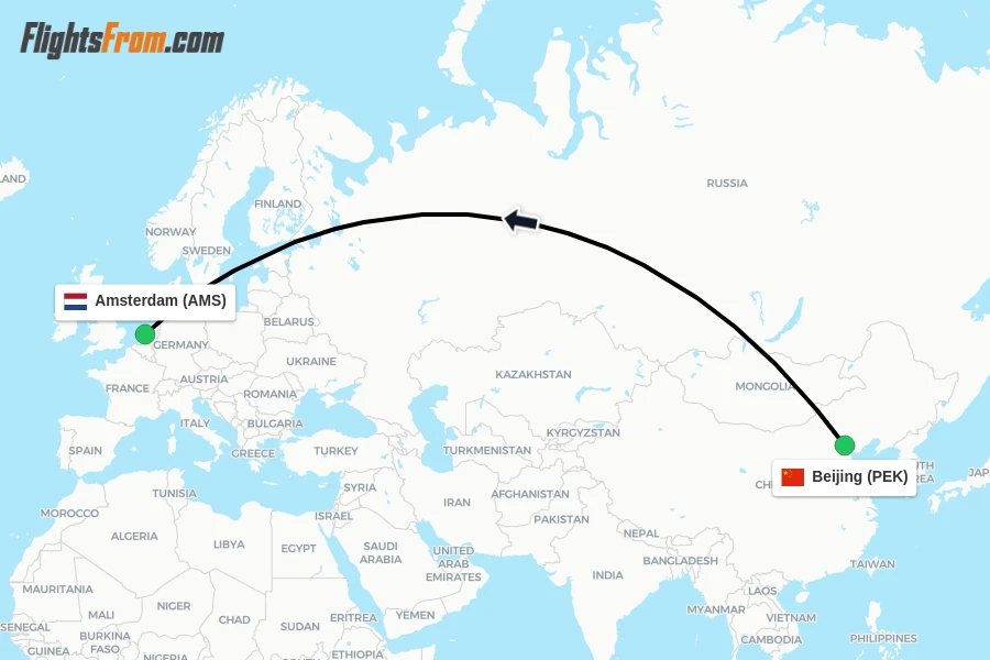 Flights from Beijing to Amsterdam route map