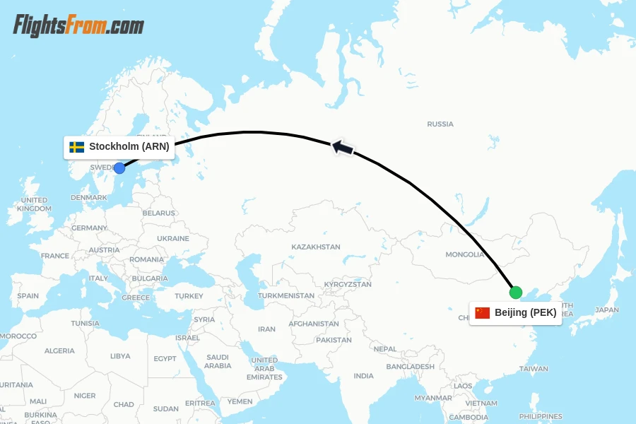 Flights from Beijing to Stockholm route map
