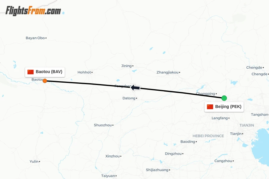 Flights from Beijing to Baotou route map