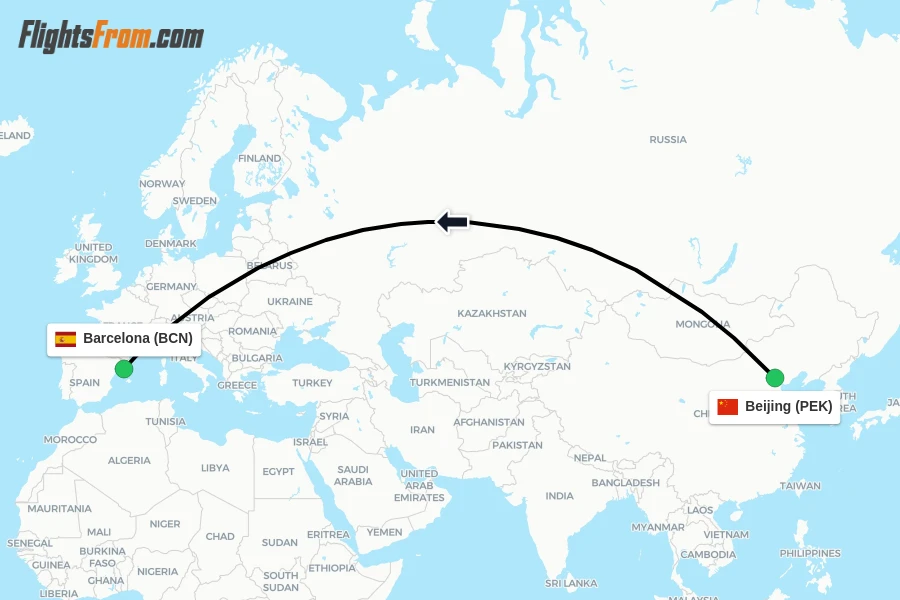 Flights from Beijing to Barcelona route map