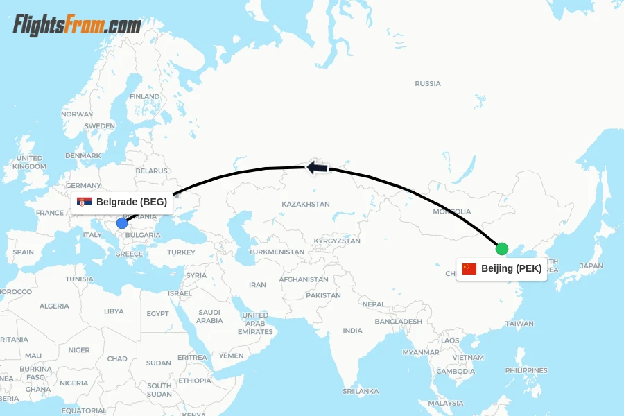 Flights from Beijing to Belgrade route map