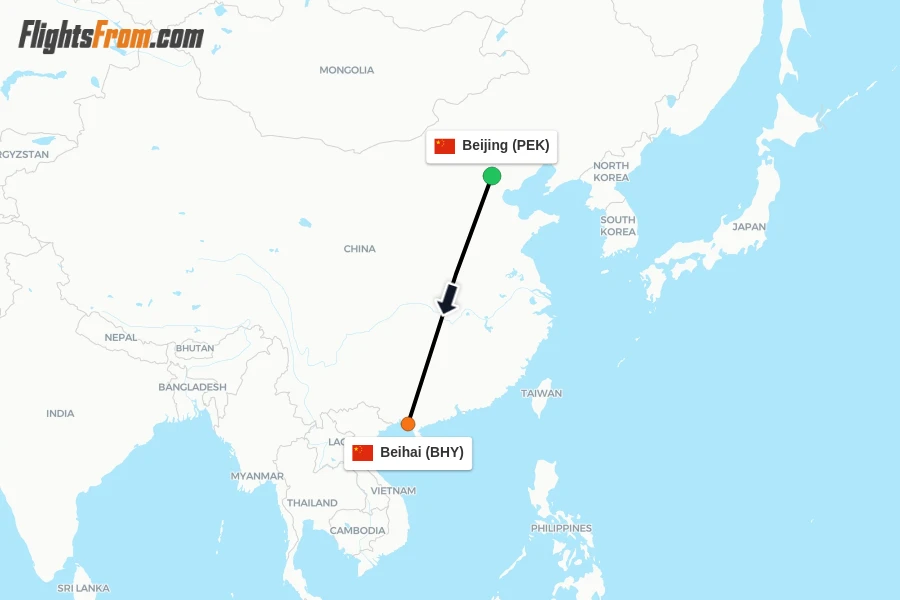 Flights from Beijing to Beihai route map