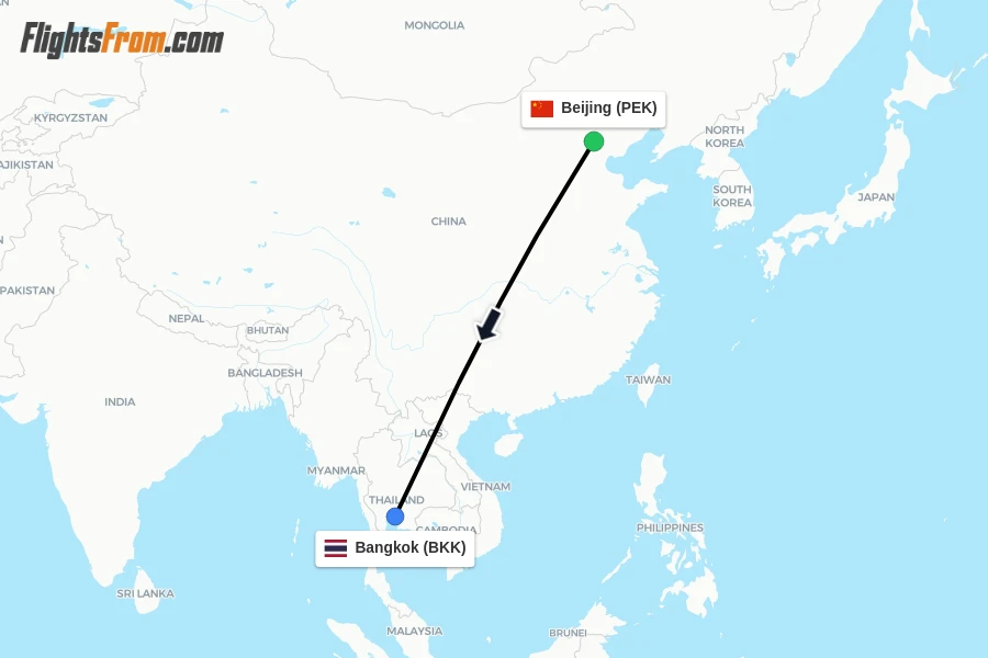 Flights from Beijing to Bangkok route map