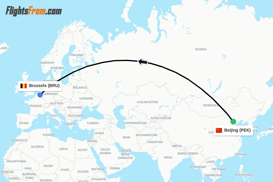 Flights from Beijing to Brussels route map