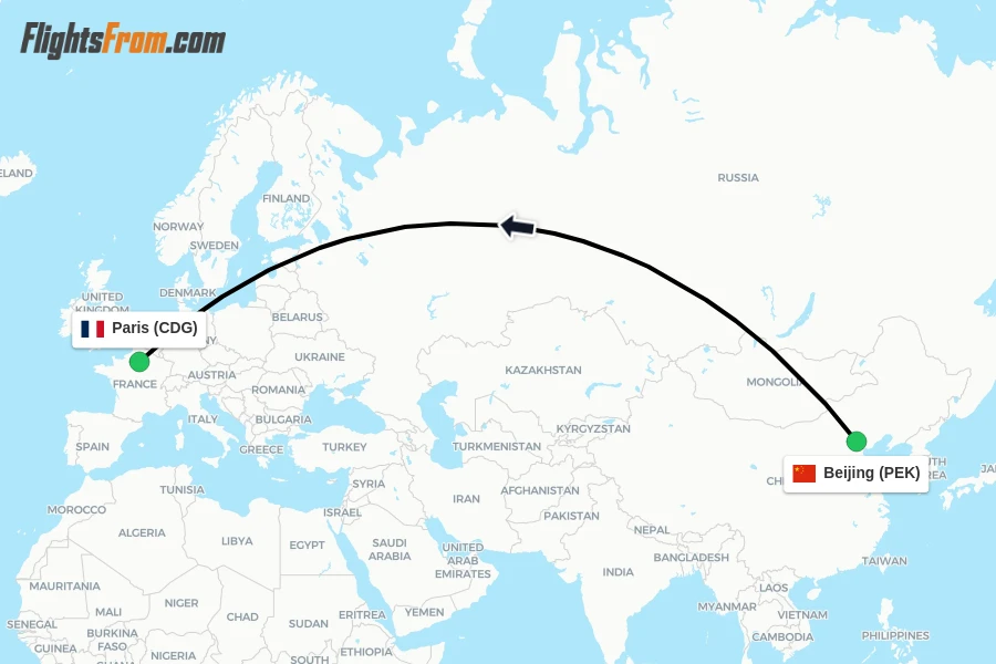 Flights from Beijing to Paris route map