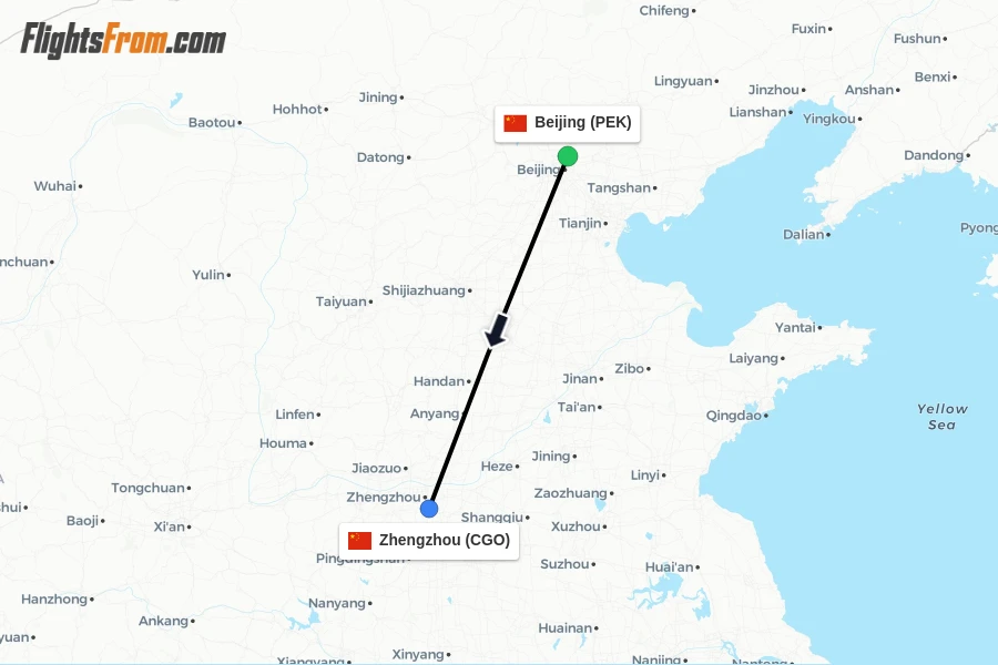 Flights from Beijing to Zhengzhou route map