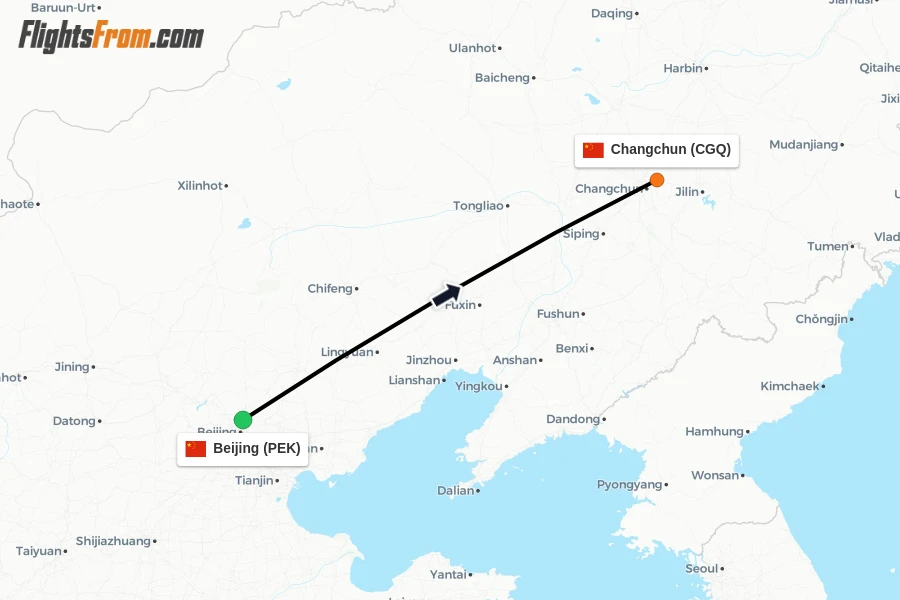 Flights from Beijing to Changchun route map
