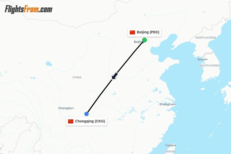 Flights from Beijing to Chongqing route map