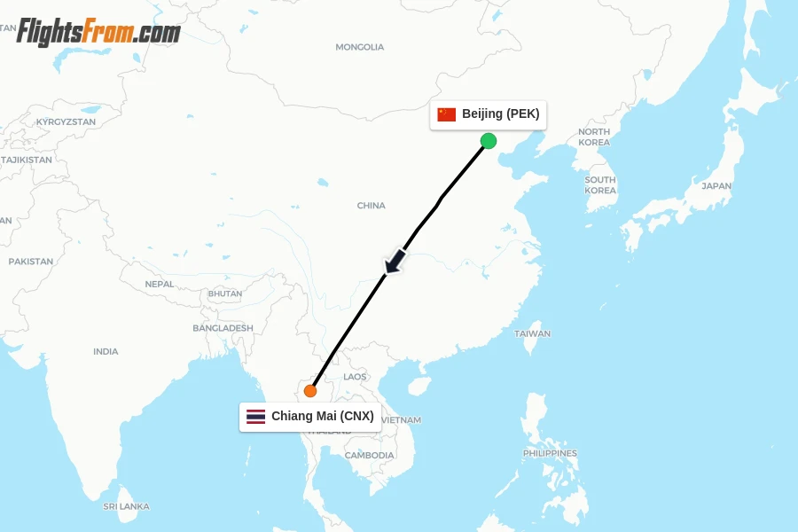 Flights from Beijing to Chiang Mai route map