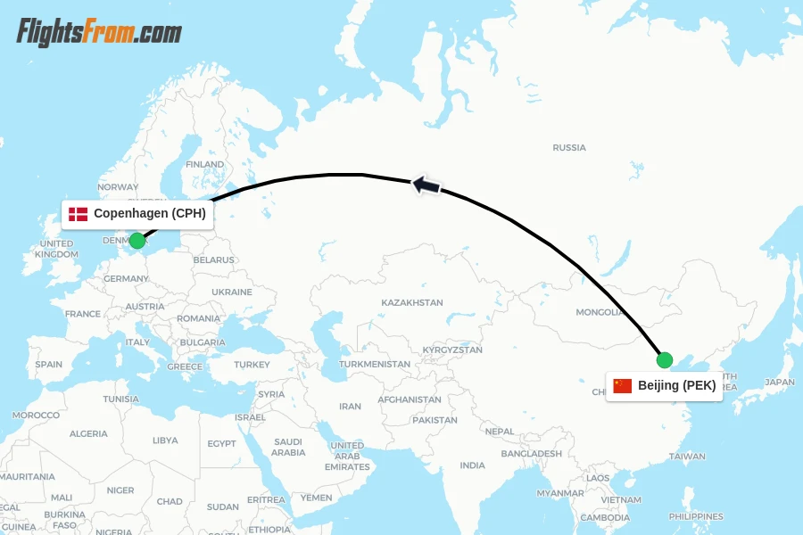 Flights from Beijing to Copenhagen route map