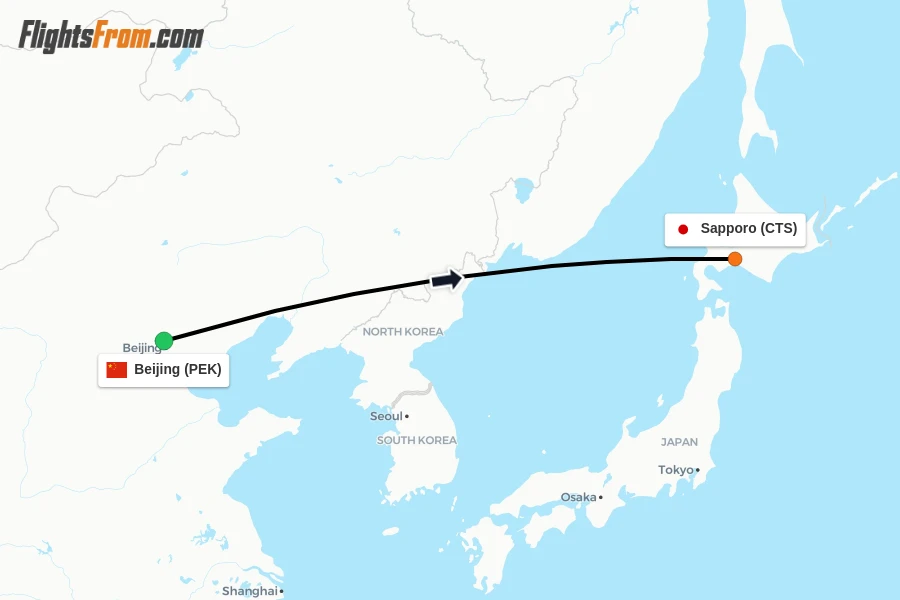 Flights from Beijing to Sapporo route map