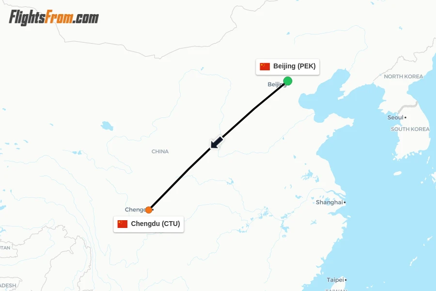Flights from Beijing to Chengdu route map