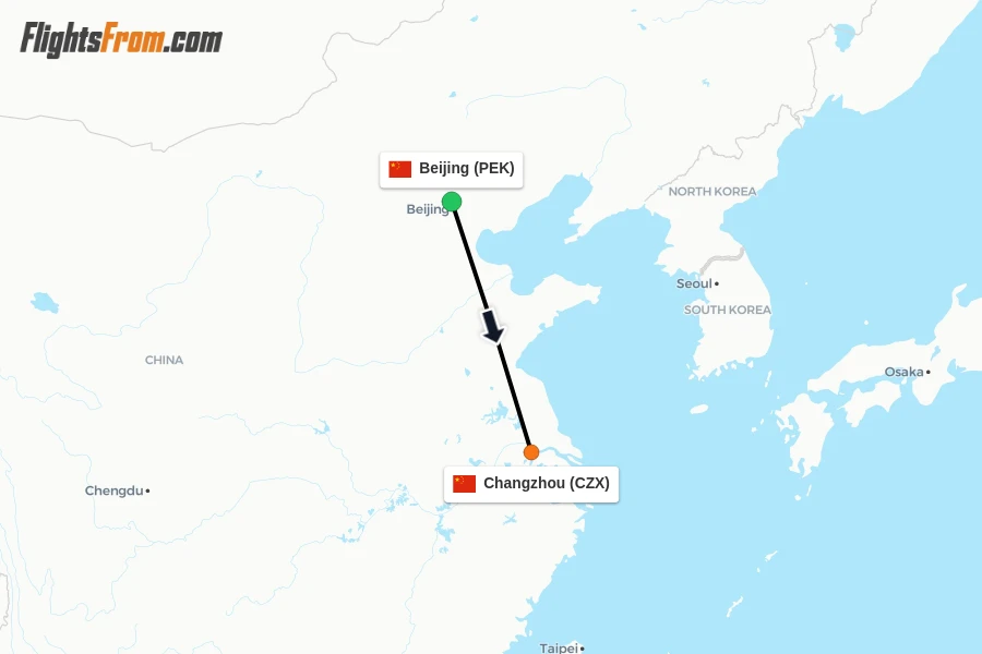 Flights from Beijing to Changzhou route map