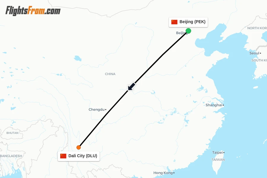 Flights from Beijing to Dali City route map
