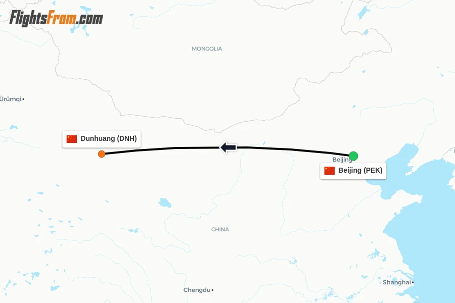 Flights from Beijing to Dunhuang route map