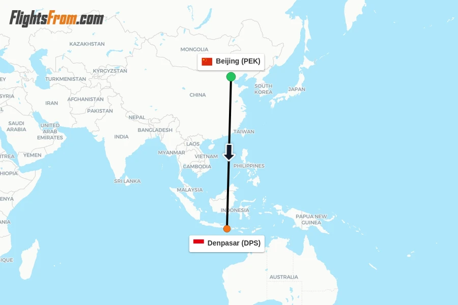 Flights from Beijing to Denpasar route map