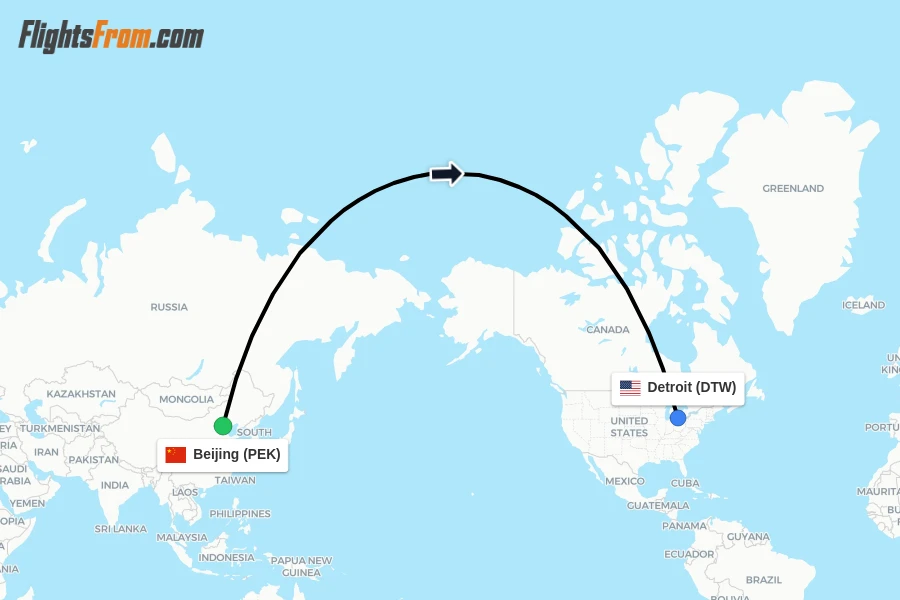 Flights from Beijing to Detroit route map