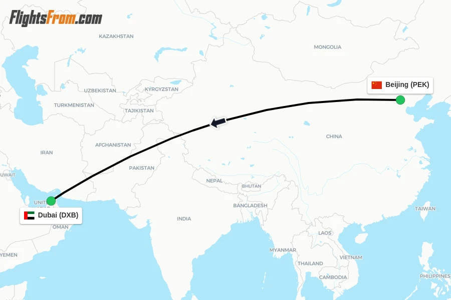 Flights from Beijing to Dubai route map