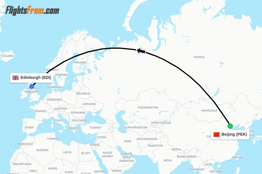 Flights from Beijing to Edinburgh route map