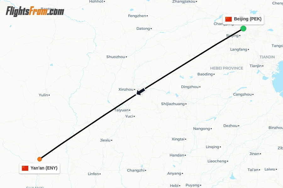 Flights from Beijing to Yan'an route map