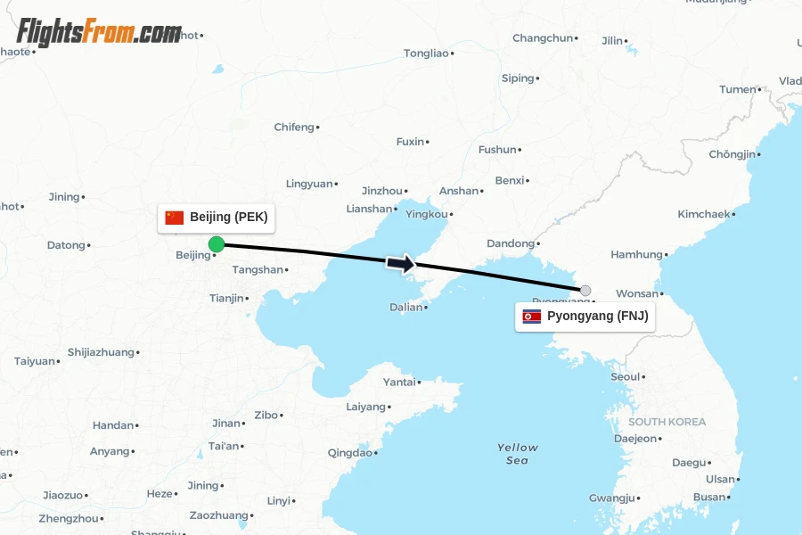 Flights from Beijing to Pyongyang route map