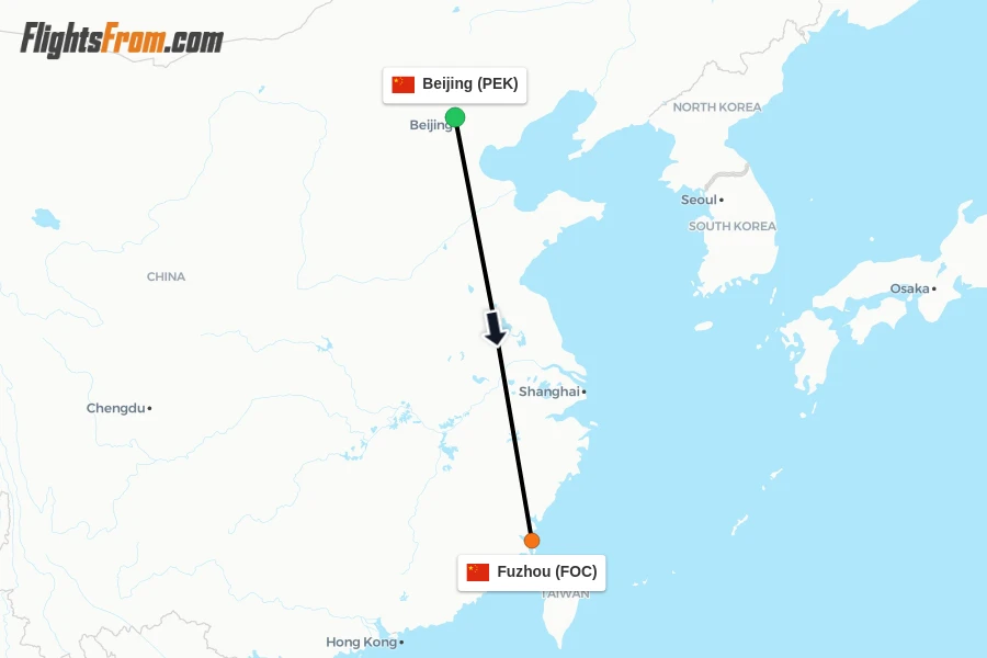 Flights from Beijing to Fuzhou route map