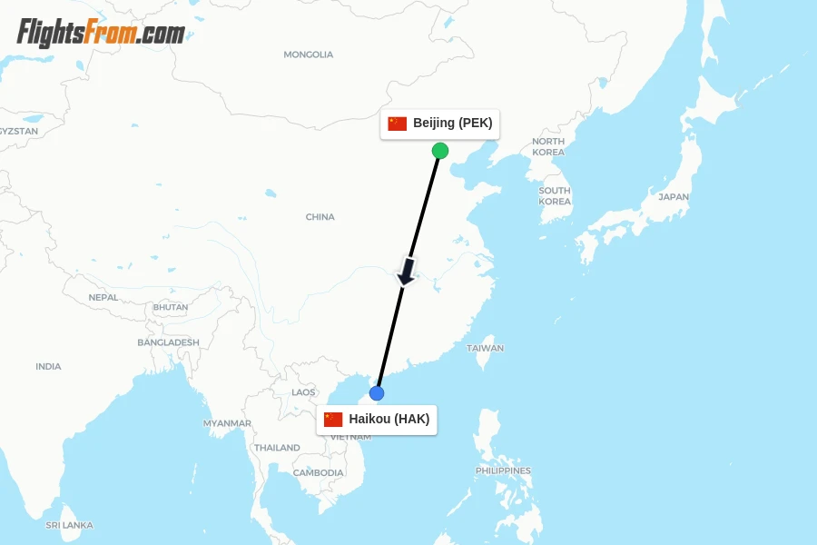 Flights from Beijing to Haikou route map