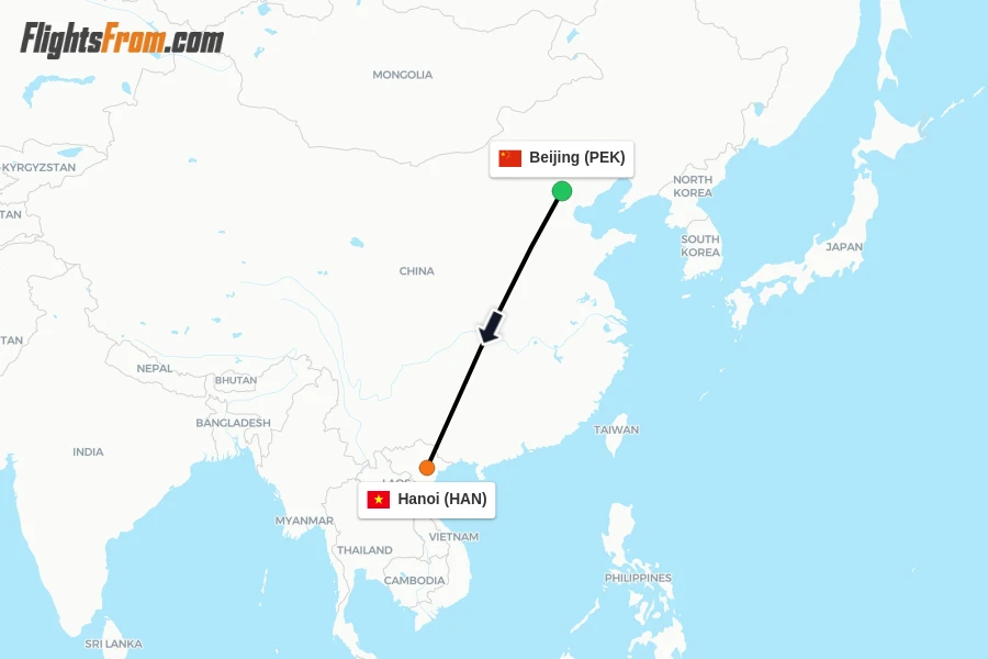 Flights from Beijing to Hanoi route map