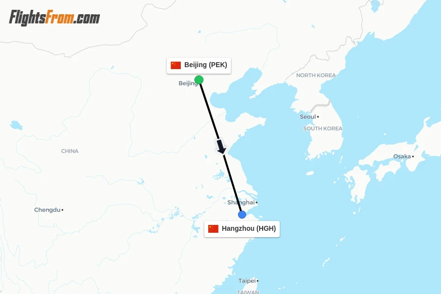 Flights from Beijing to Hangzhou route map