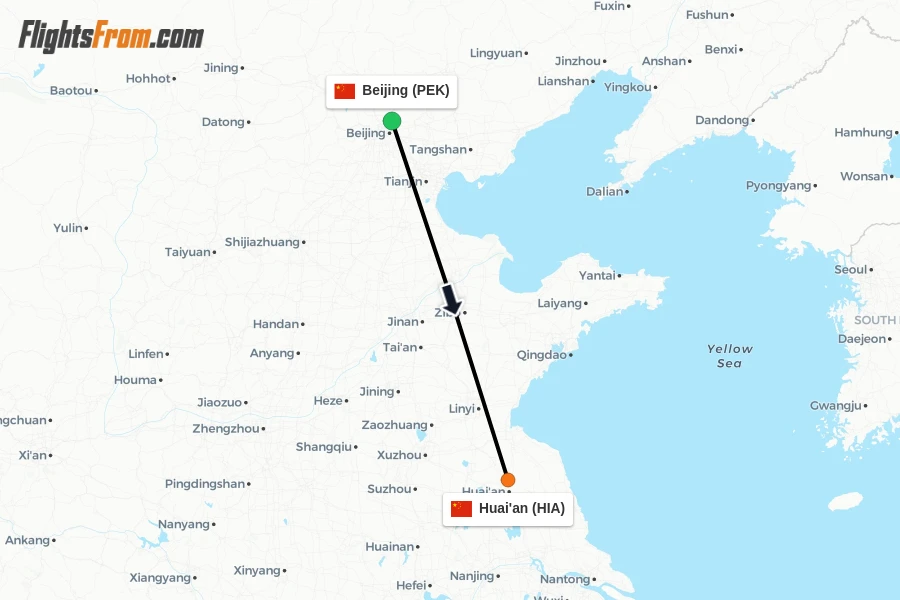 Flights from Beijing to Huai'an route map