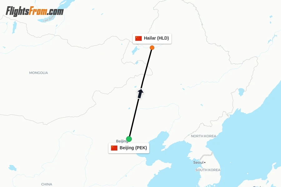 Flights from Beijing to Hailar route map
